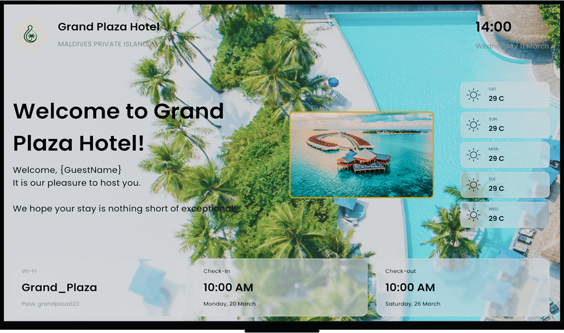 Grand Plaza Hotel welcome screen with tropical resort on a television