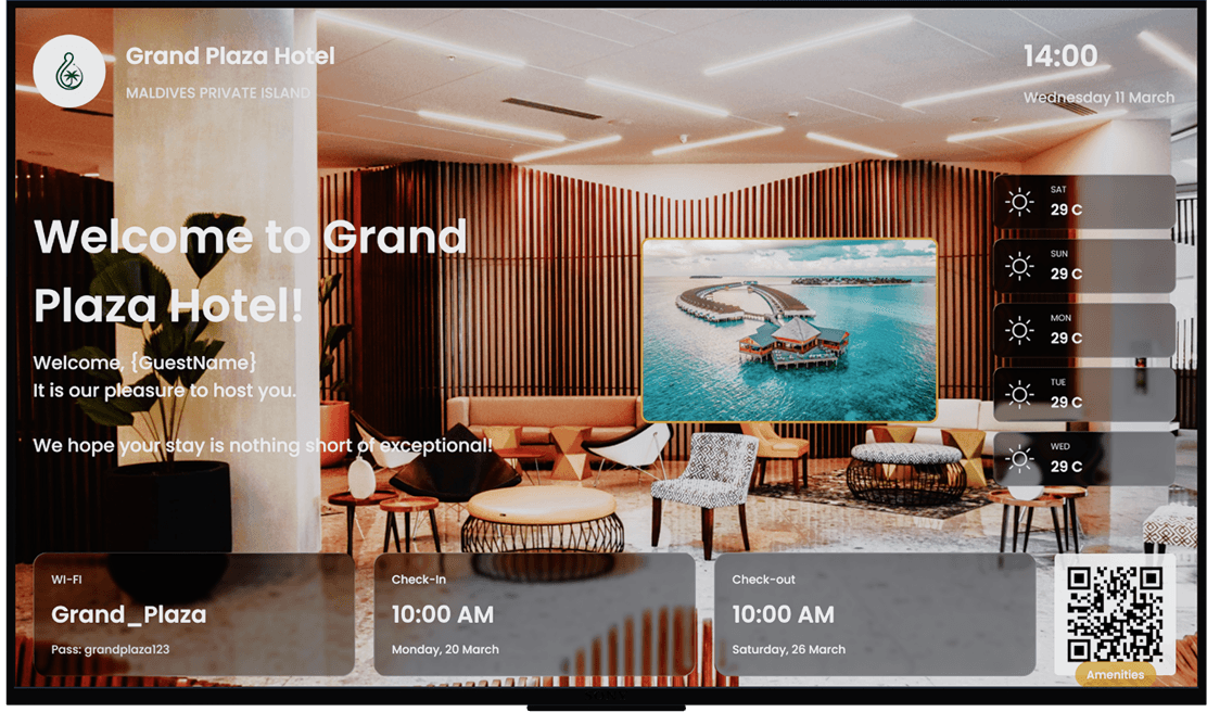 Welconic hotel welcome screen on a television