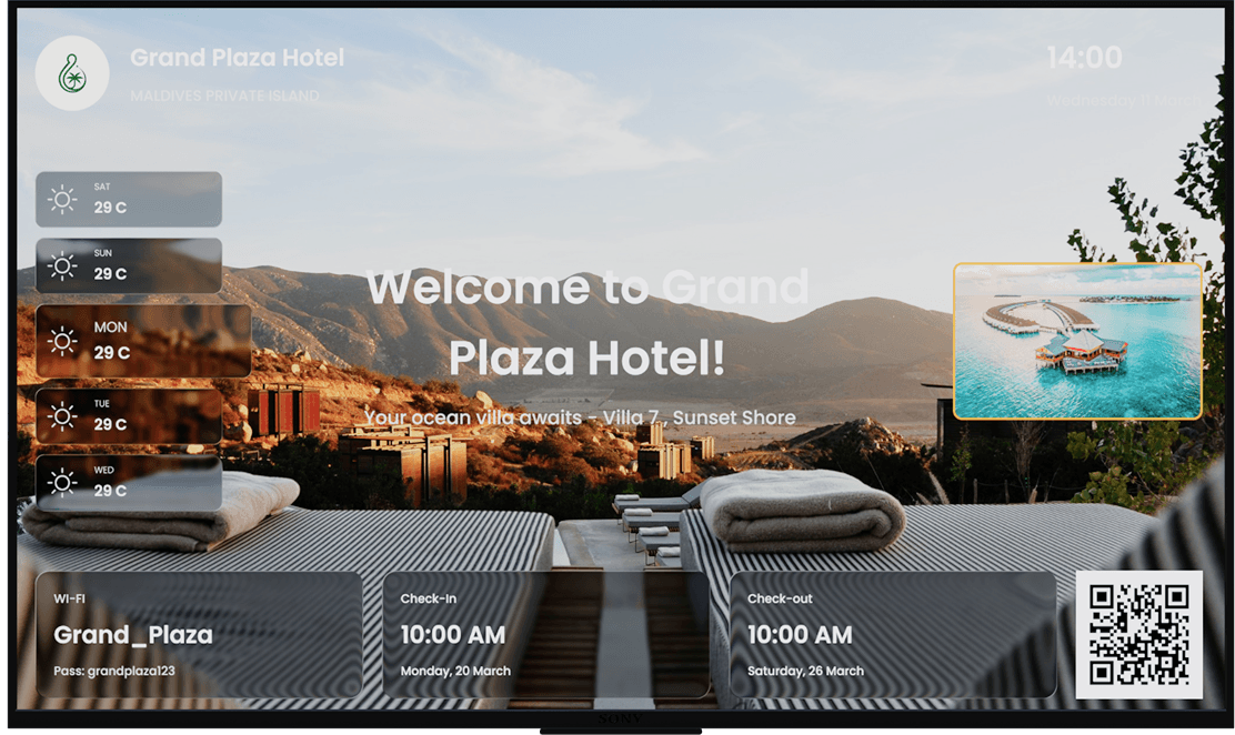 Grand Plaza Hotel guest experience dashboard on a television