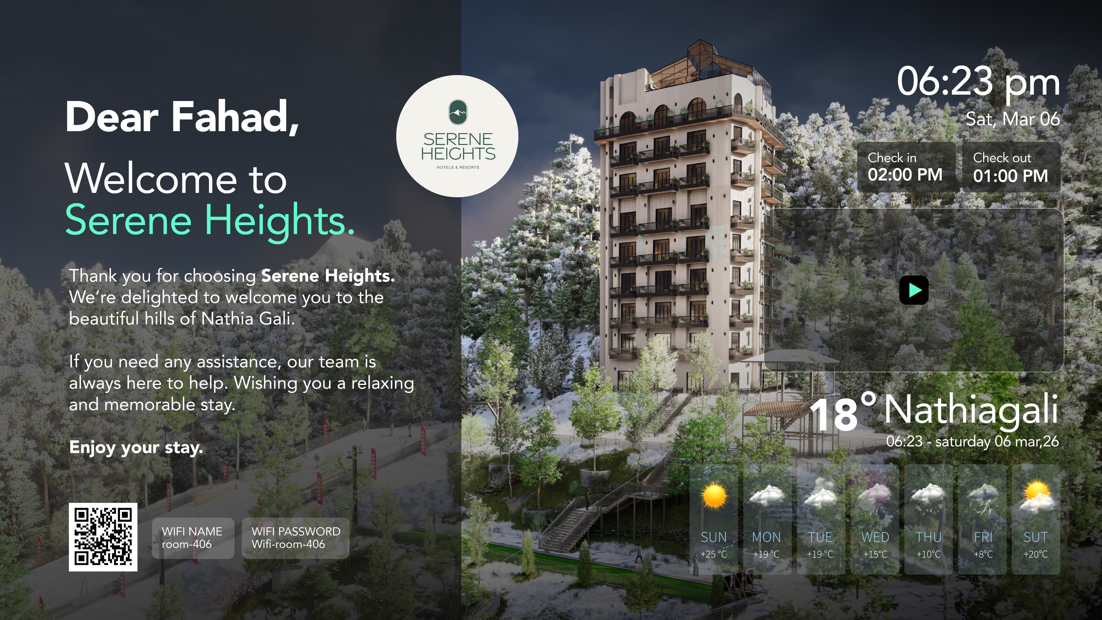 Personalized guest welcome screen for Serene Heights with video and forecast