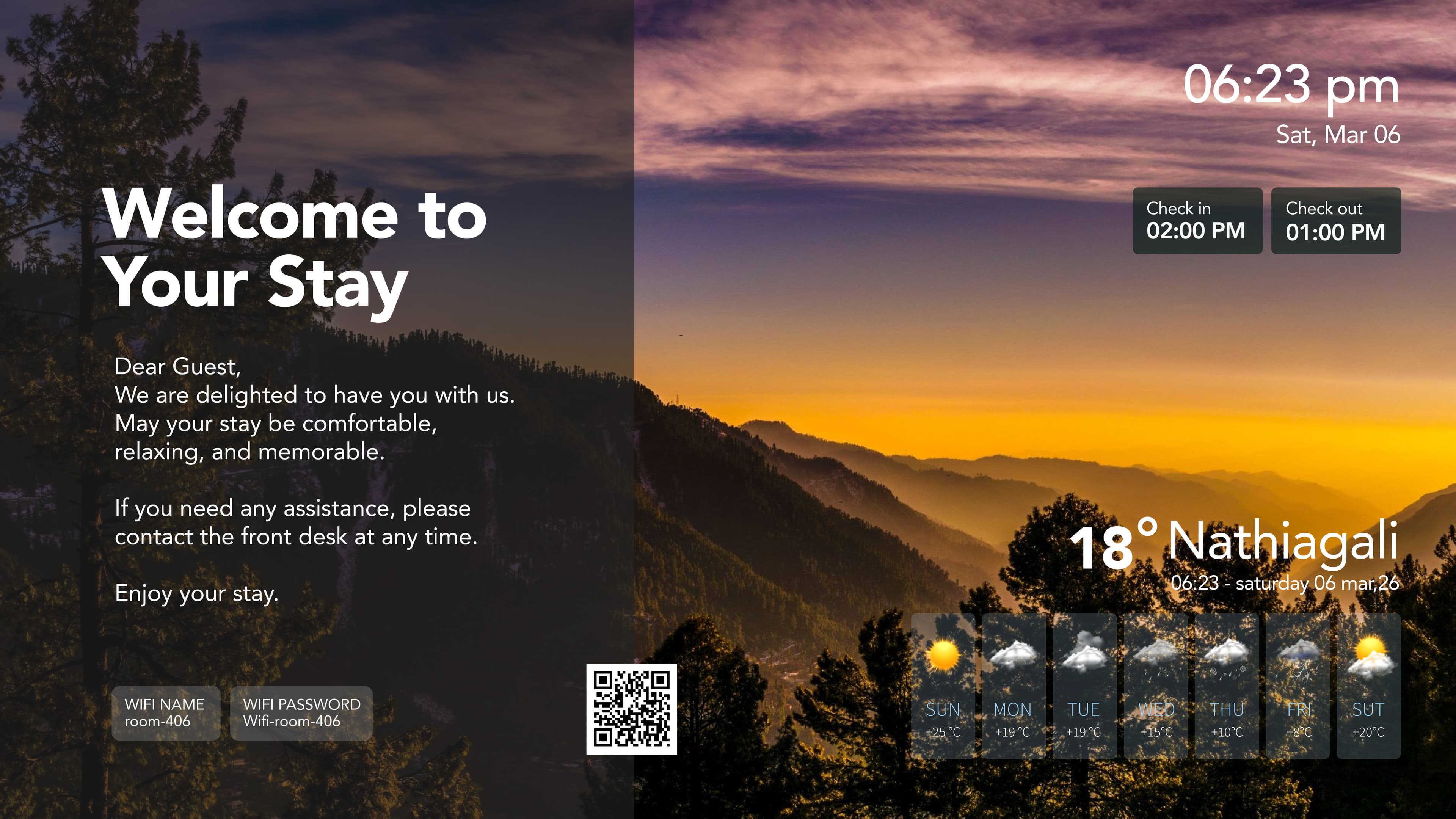 Welconic welcome screen at sunset with greeting message and weekly weather