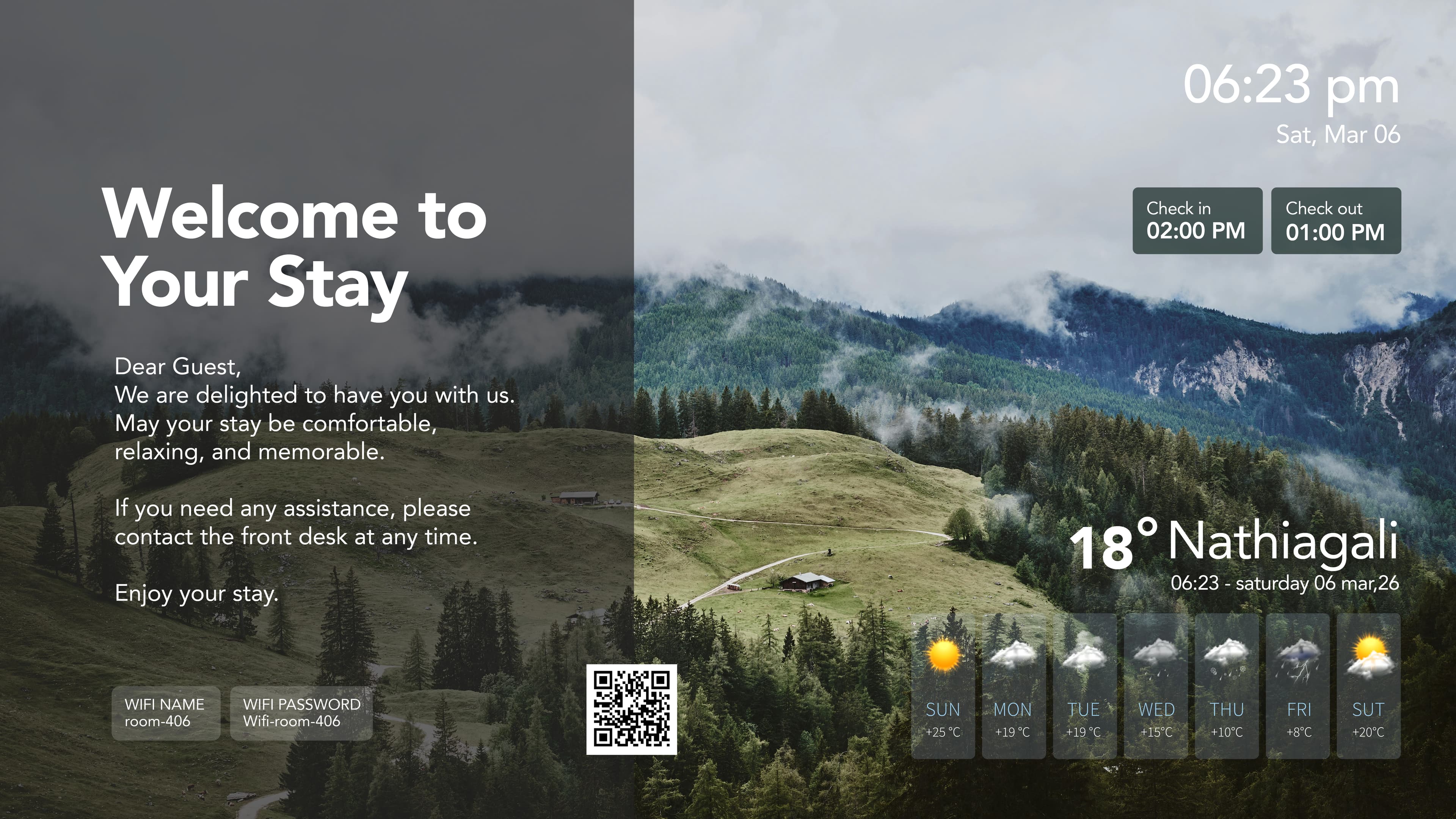Welconic welcome screen with live weather, check-in times, and Wi-Fi details